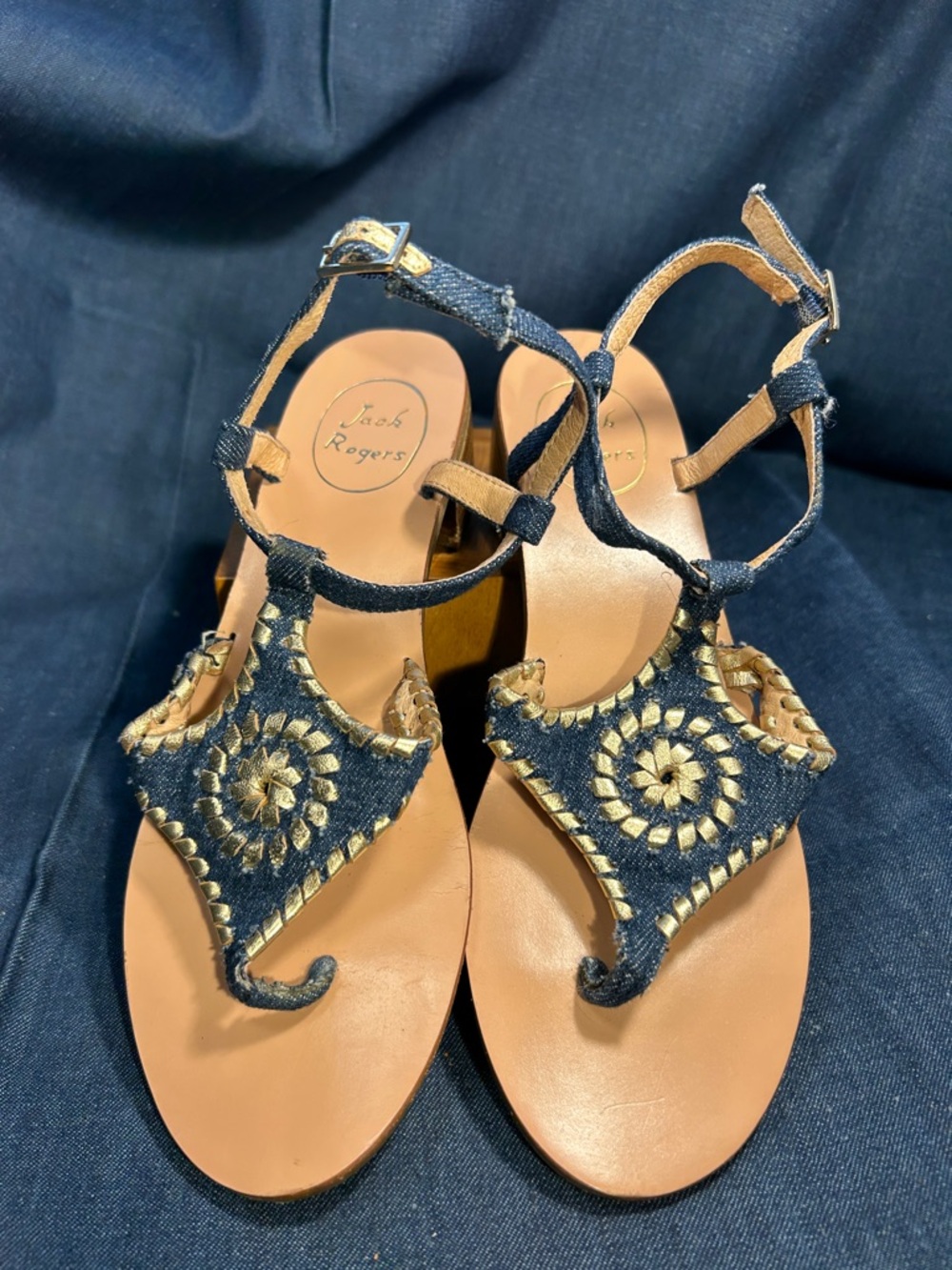 Jack Rogers almost NEW leather golden stitch with denim heeled sandal